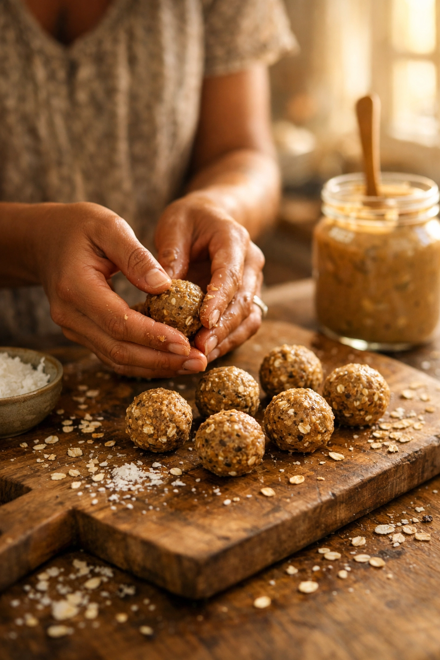 Handmade protein balls being rolled with oats and peanut butter at Ball So Hard