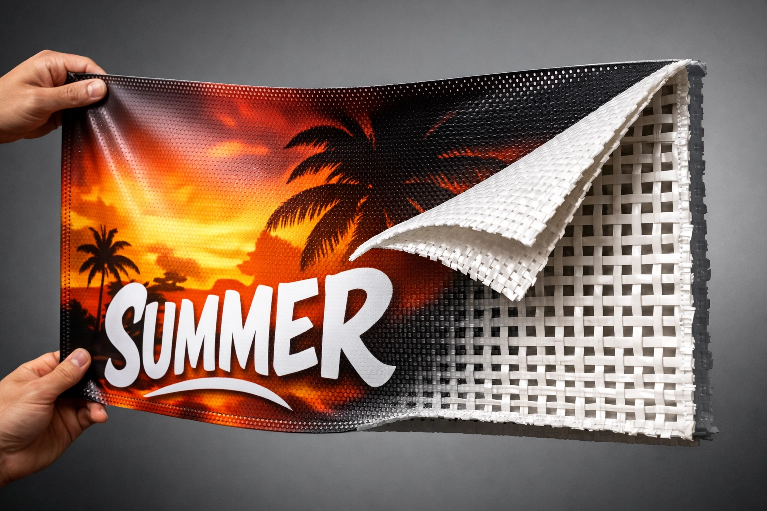Scrim vinyl banner cross-section showing reinforced polyester mesh layer structure