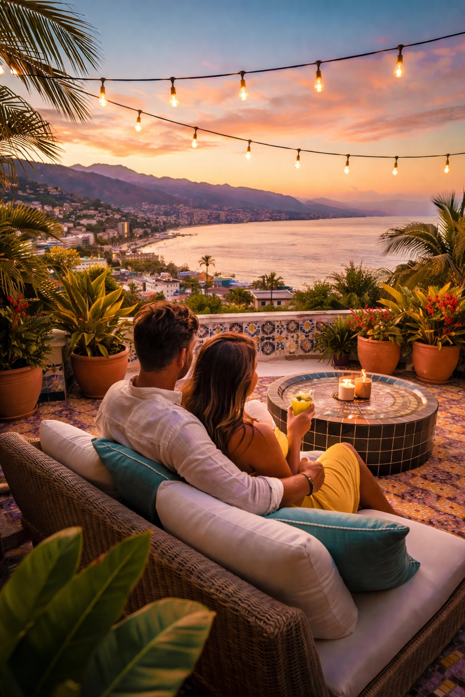 Couple enjoying cocktails on a rooftop terrace in Puerto Vallarta at sunset, with Banderas Bay and mountain views