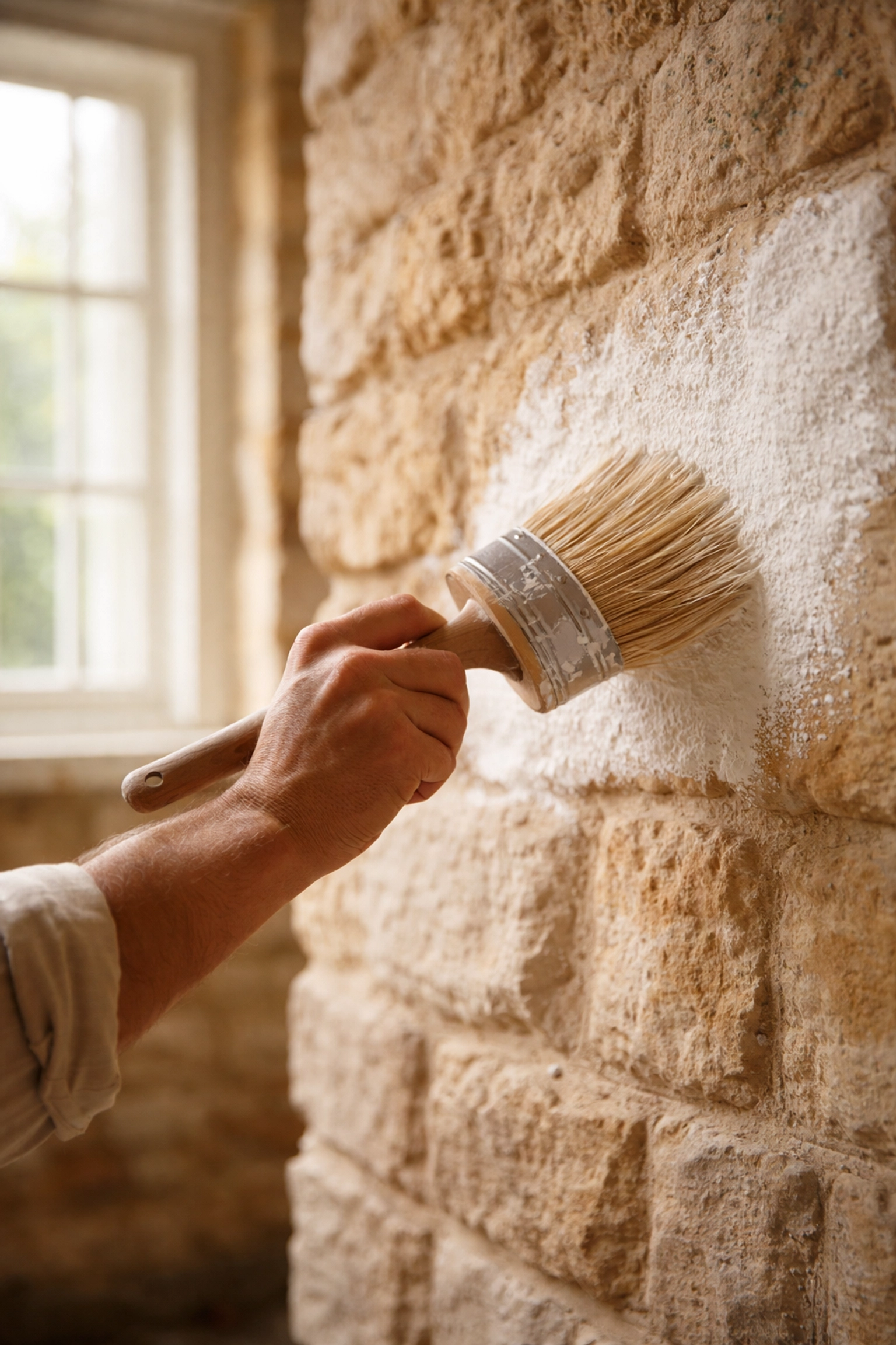 Craftsman applying traditional limewash to Cotswold stone wall in a listed building