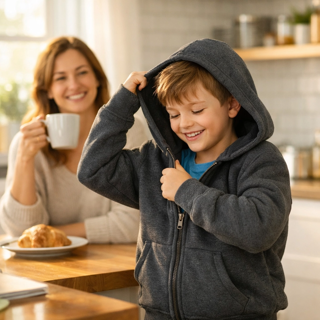 Peaceful morning routine with child independently wearing sensory friendly weighted hoodie