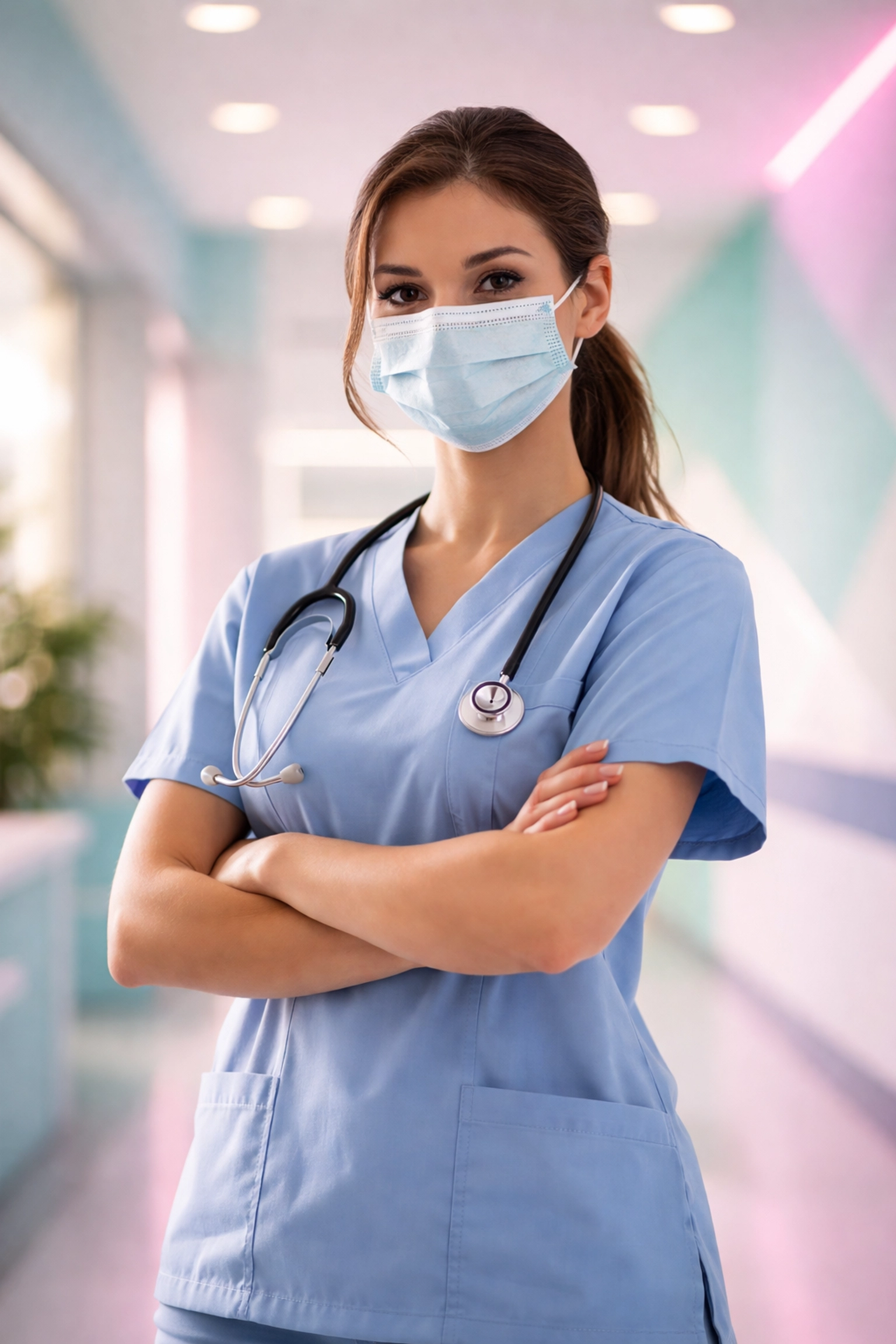 Confident female healthcare worker in mask stands in hospital, highlighting Nipah virus frontline response
