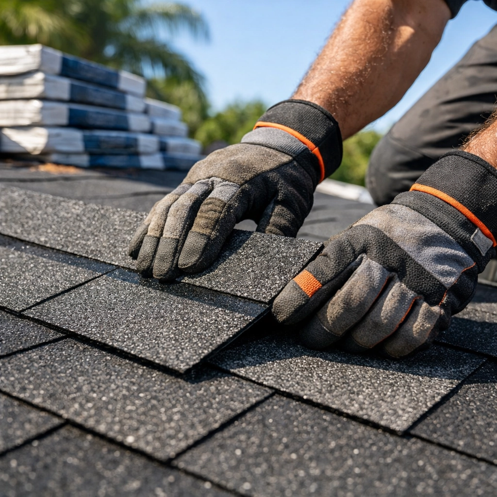 Professional roofing contractor installing GAF shingles for quality roof leak repair in Venice FL.