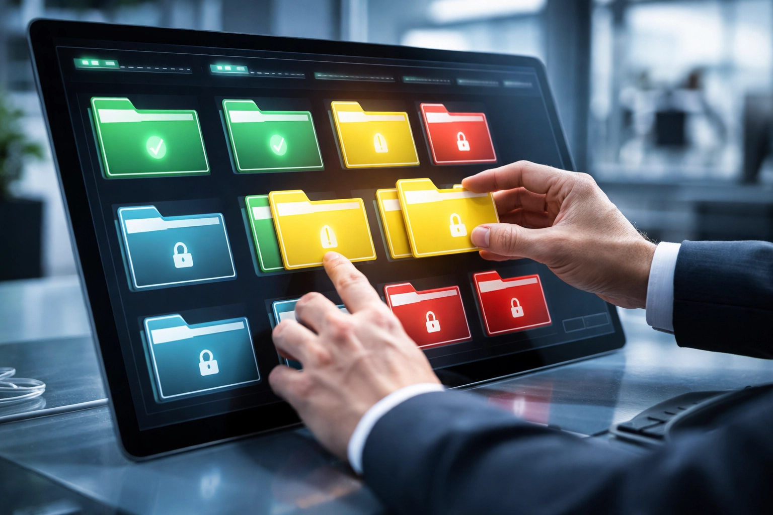 Hands sorting color-coded digital folders on touchscreen, emphasizing data classification and protection in Microsoft 365