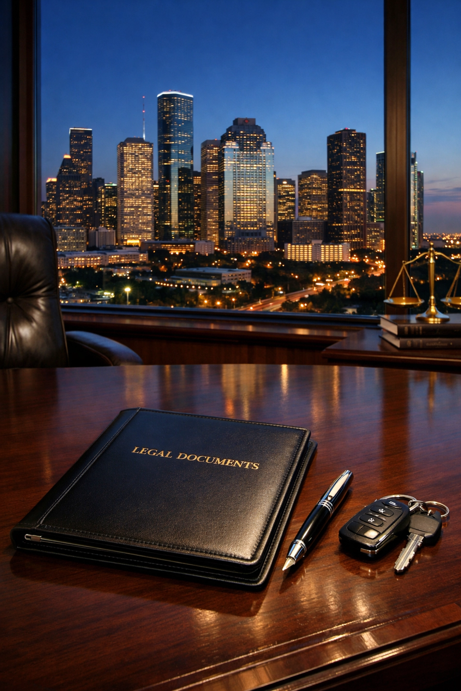 Legal defense consultation office overlooking the Houston skyline with car keys and case files.