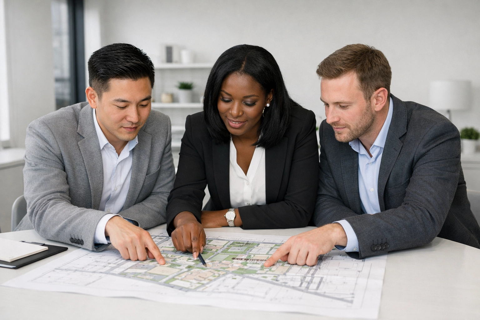 Diverse property management team collaborating on a development site map in an East London office.