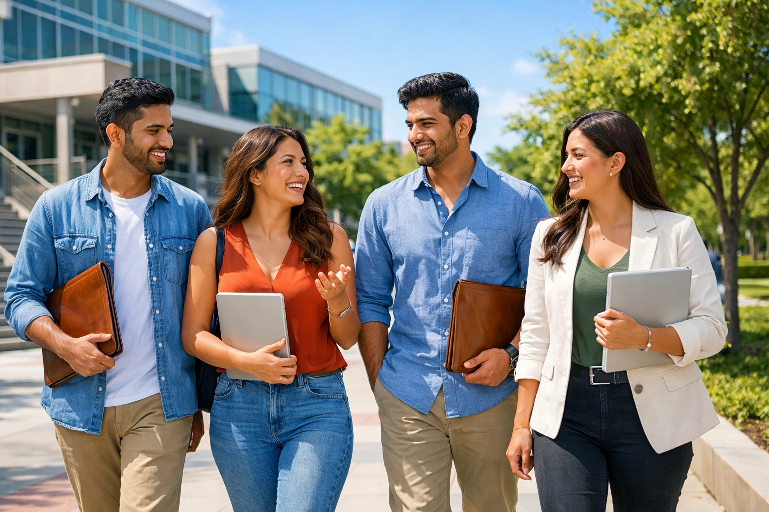 Diverse professionals walking on a university campus offering H-1B cap-exempt jobs.