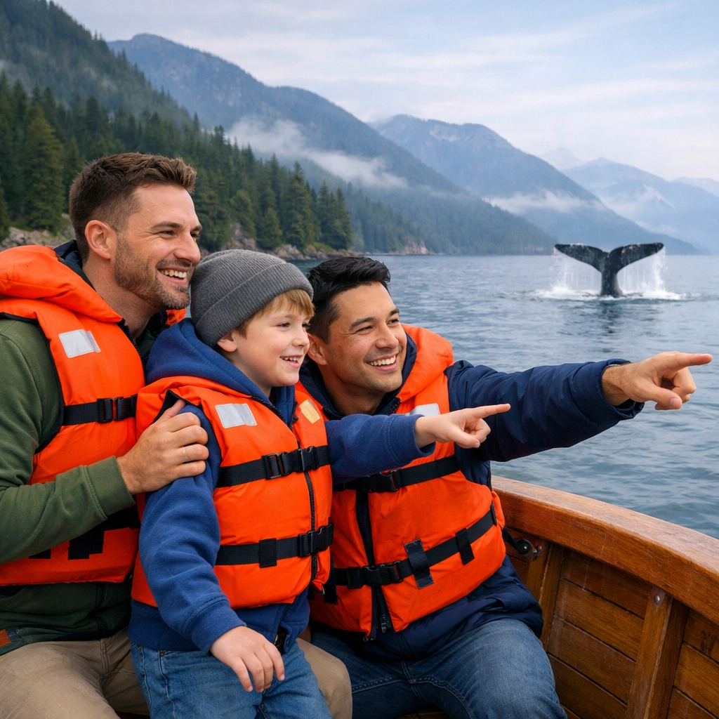 A gay couple and their son whale watching in British Columbia, showcasing queer family adventure travel.
