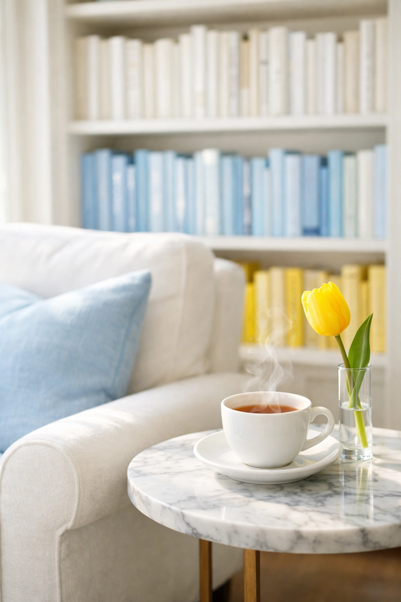 Serene reading nook after a regular home cleaning visit, with everything reset and dust-free.