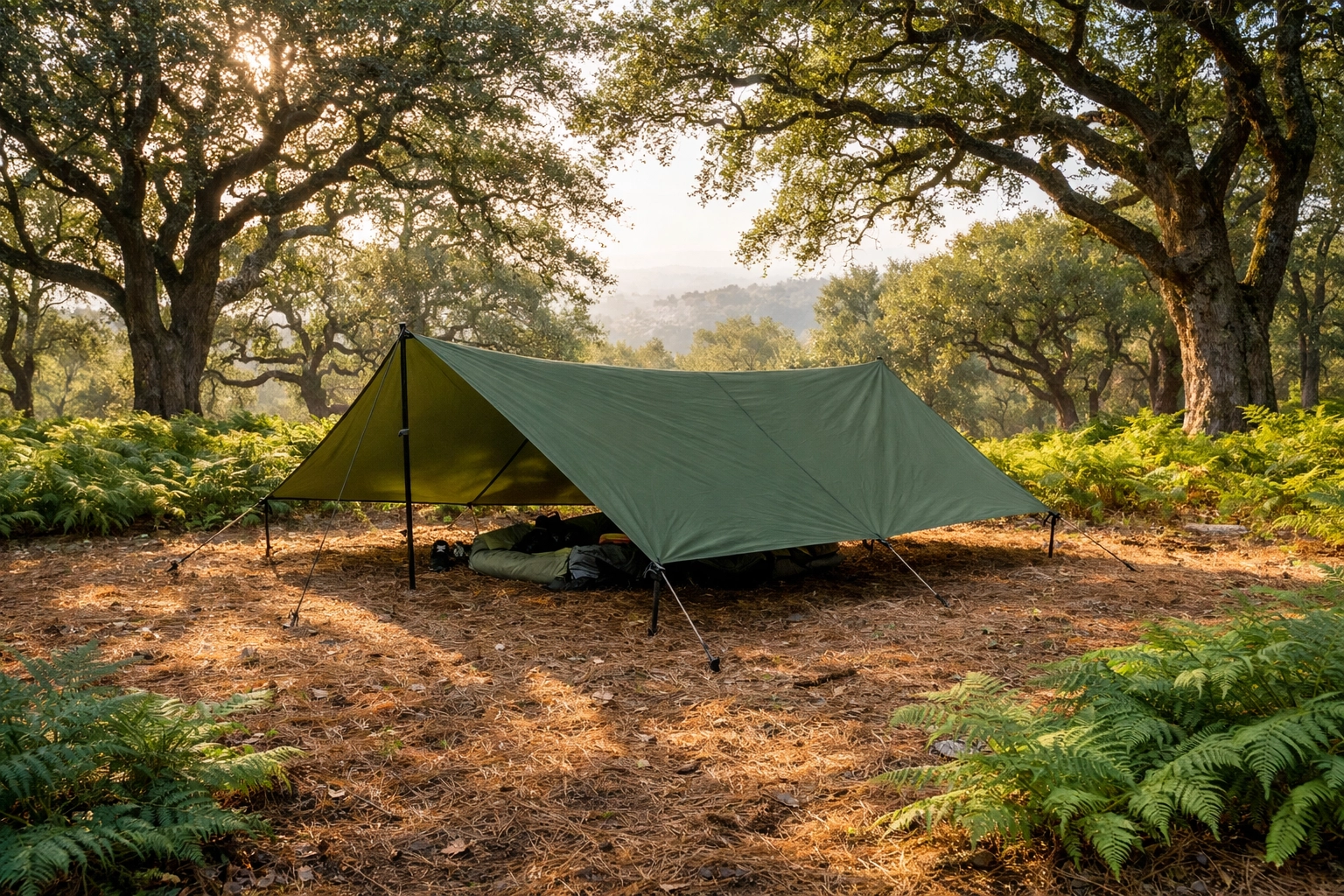 Proper site selection for a green tarp shelter during a wild camping guided UK forest adventure.