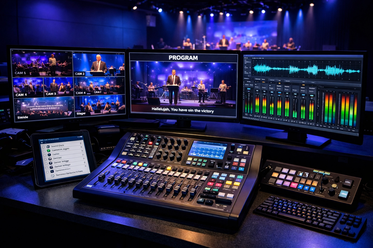 A church broadcast control station with monitors and audio equipment for livestream consistency.