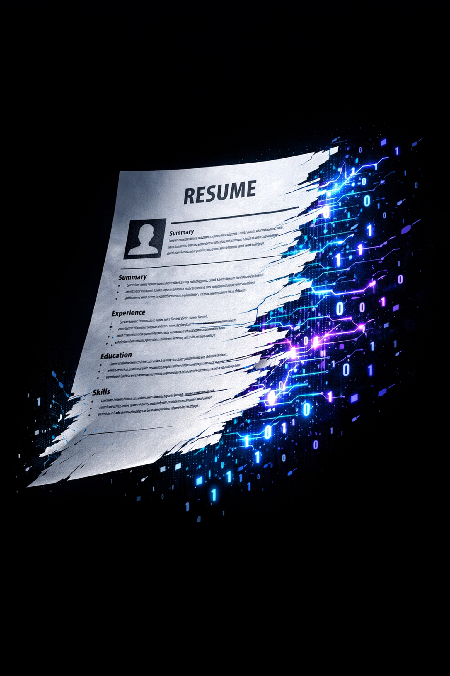 A traditional paper resume dissolving into digital code, illustrating the shift to AI assessments.