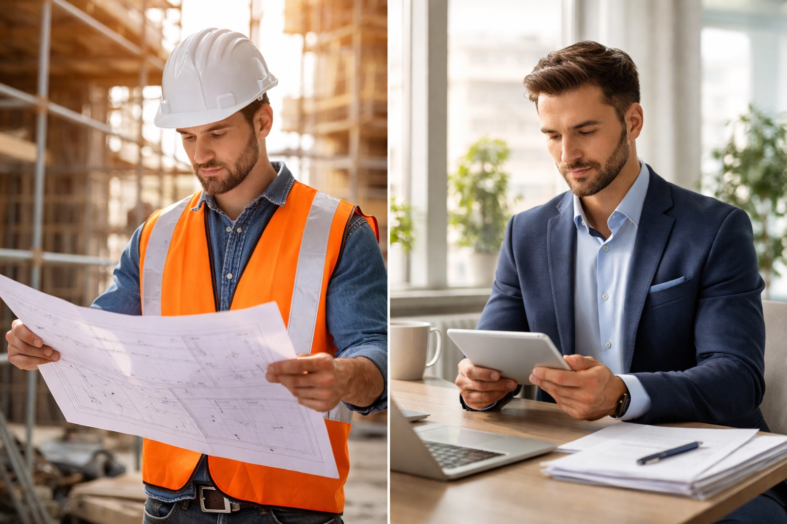 Side-by-side view of construction and office work representing general and professional liability risks