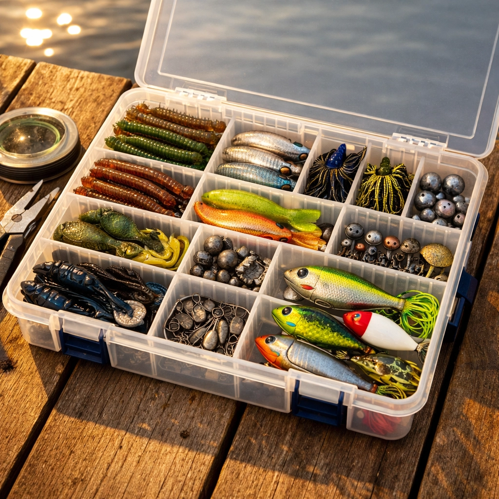 Organized bass fishing tackle box with soft plastic baits, jigs, and hard lures on dock