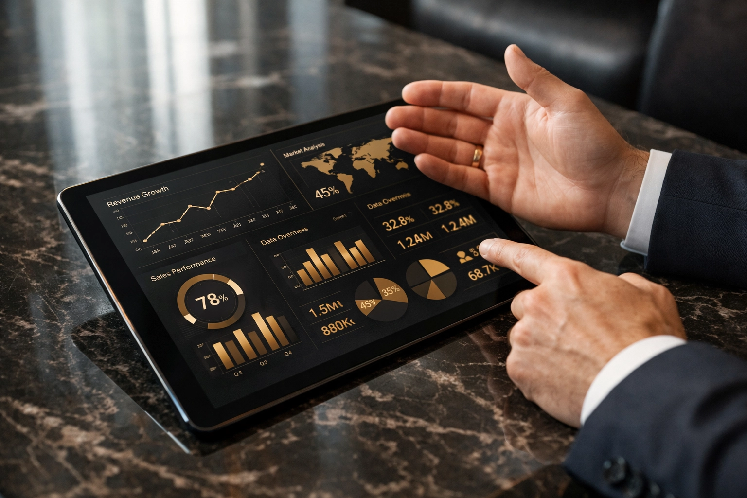 Business executive analyzing data dashboards and insights with Microsoft Copilot