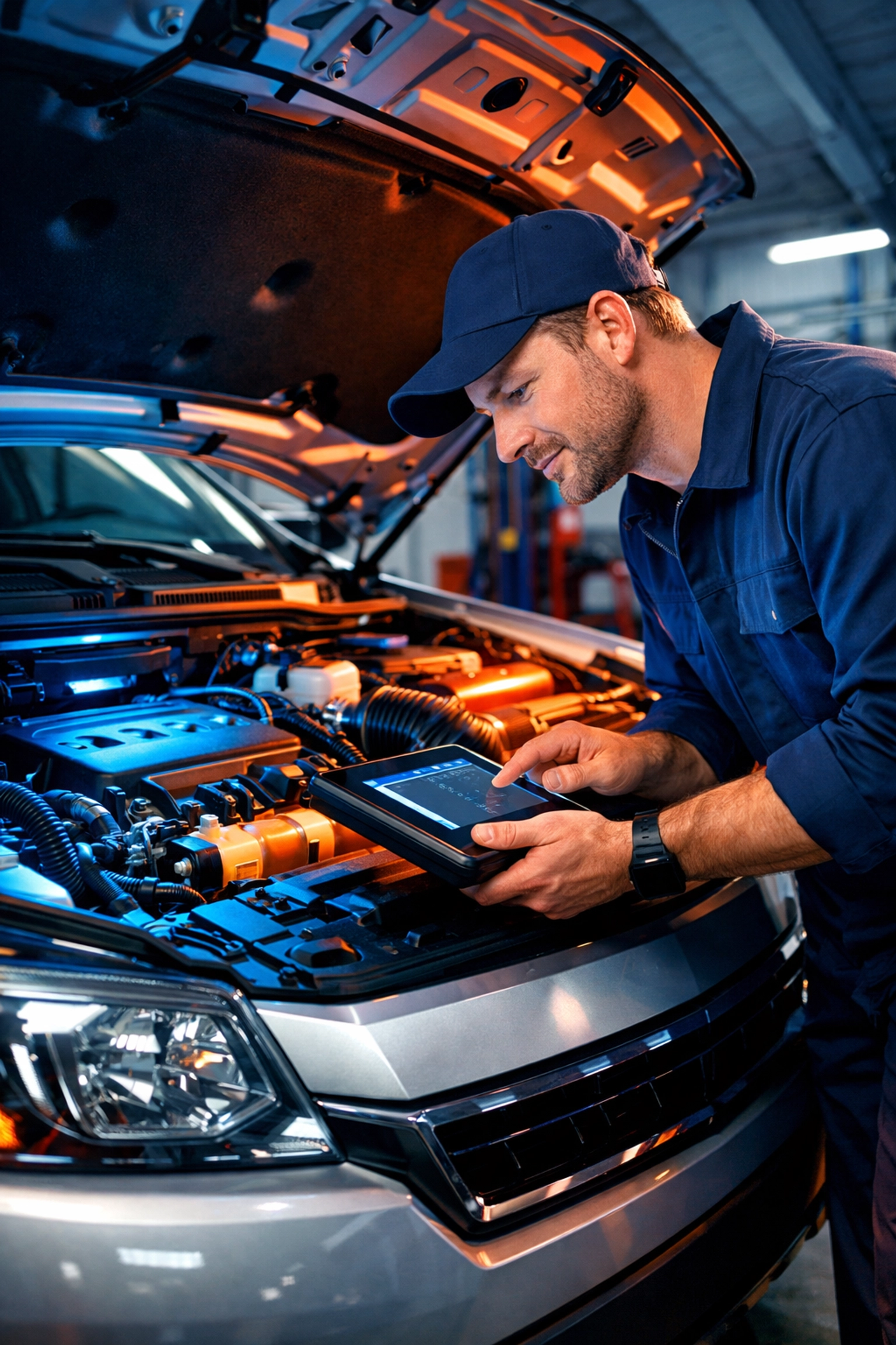 Mechanic inspecting SUV engine at Grateful Motors, ensuring reliable used cars in Arnold, MO