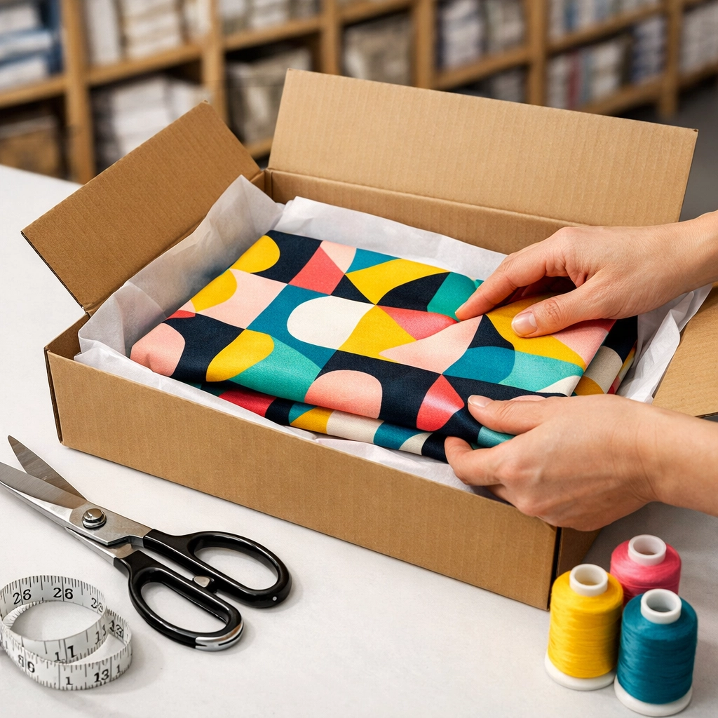 Hands packing high-quality cotton fabric for shipping at our centralized fulfillment station.