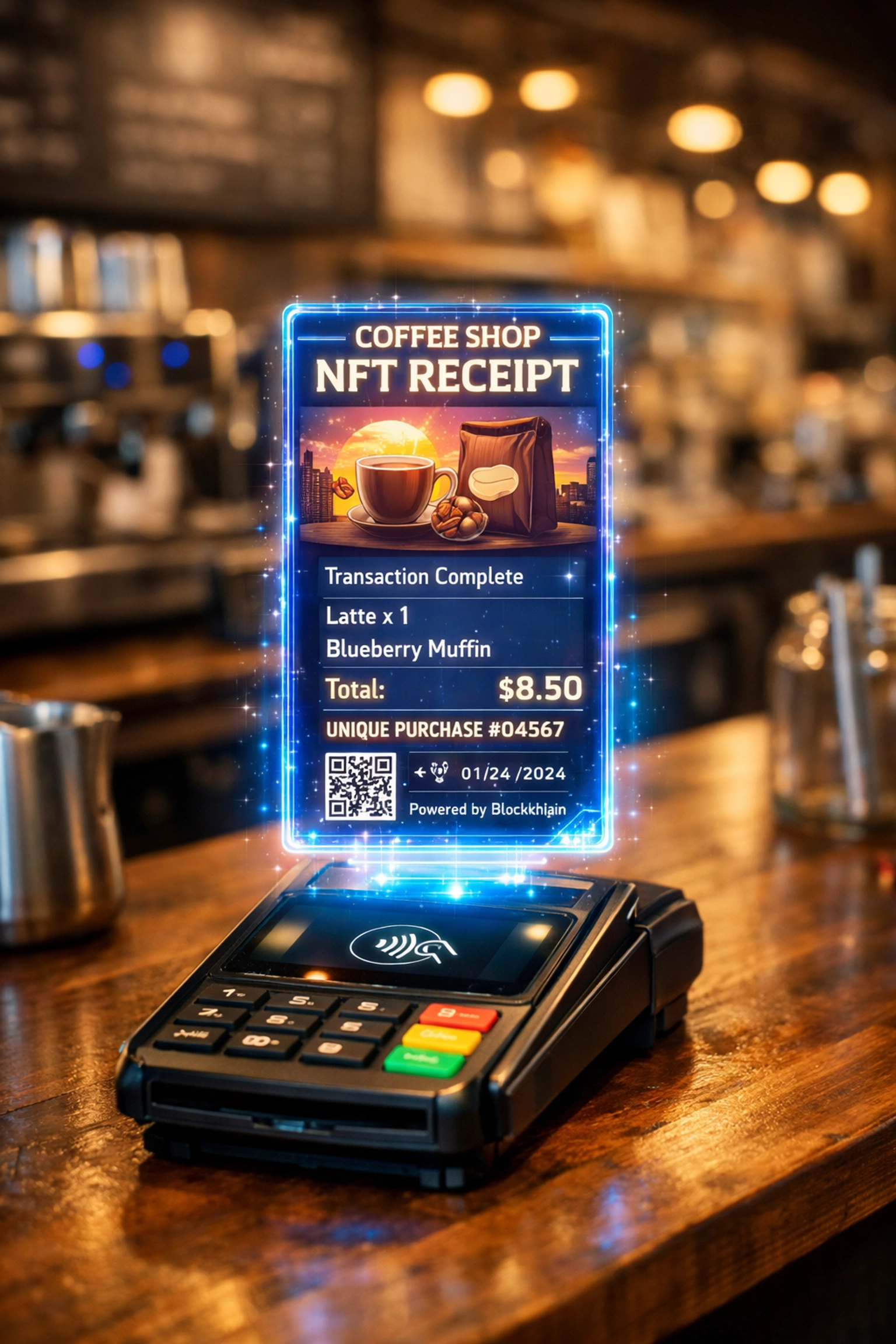 Crypto POS terminal displaying NFT receipt at merchant checkout counter