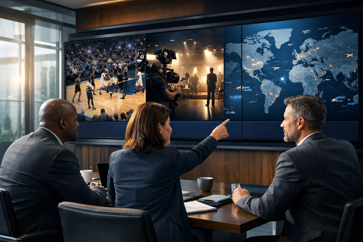 Dakdan Worldwide consultants discussing multi-sector media solutions in a high-tech strategy room.