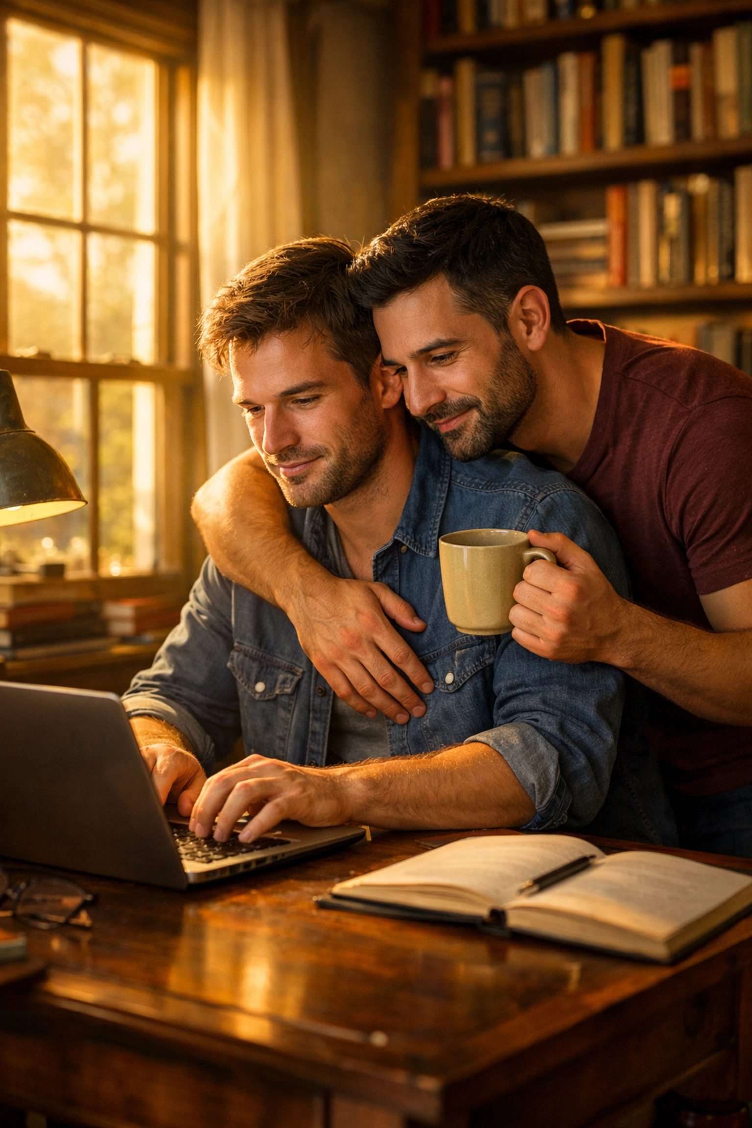 An intimate moment between a gay author and his partner in a sun-drenched home office filled with books.