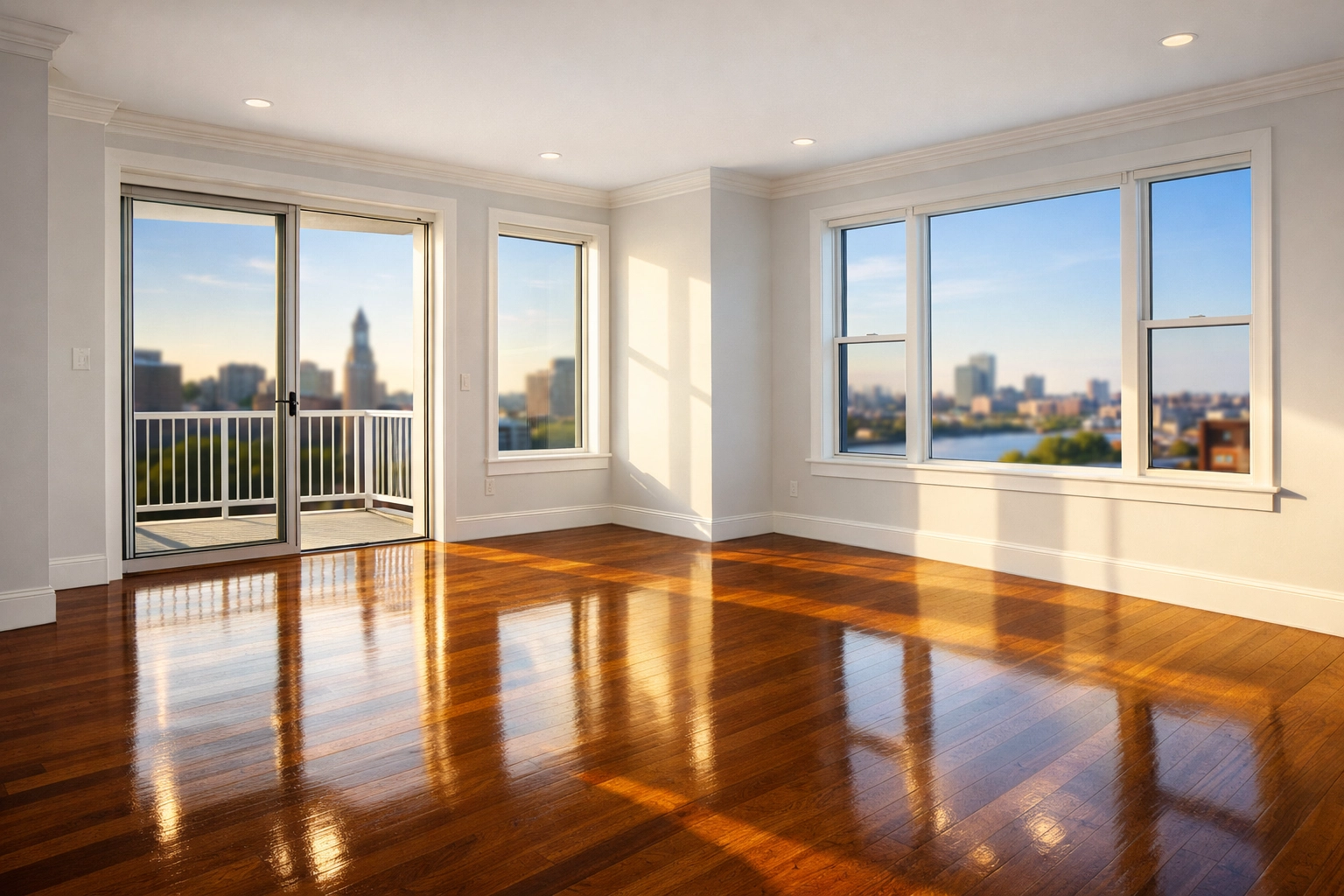 Sun-drenched, spotless apartment in Cambridge MA following a professional move-out cleaning service.