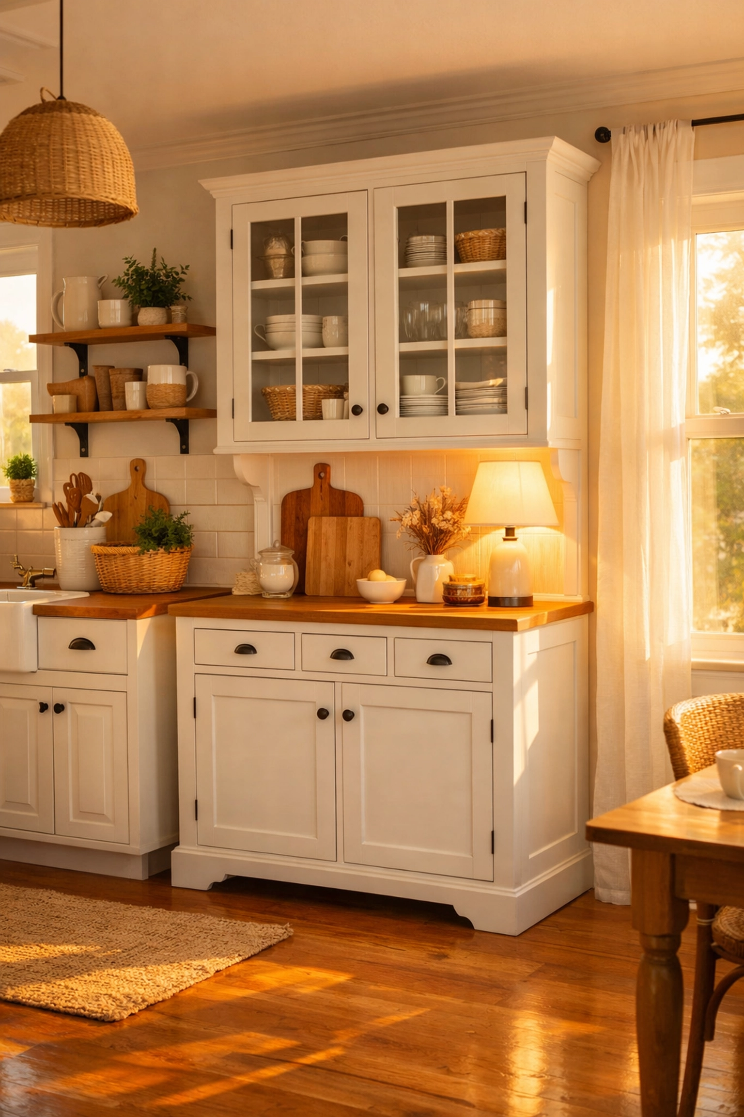 Bright modern kitchen featuring a white furniture-style cabinet and warm ambient lighting for a room transformation.