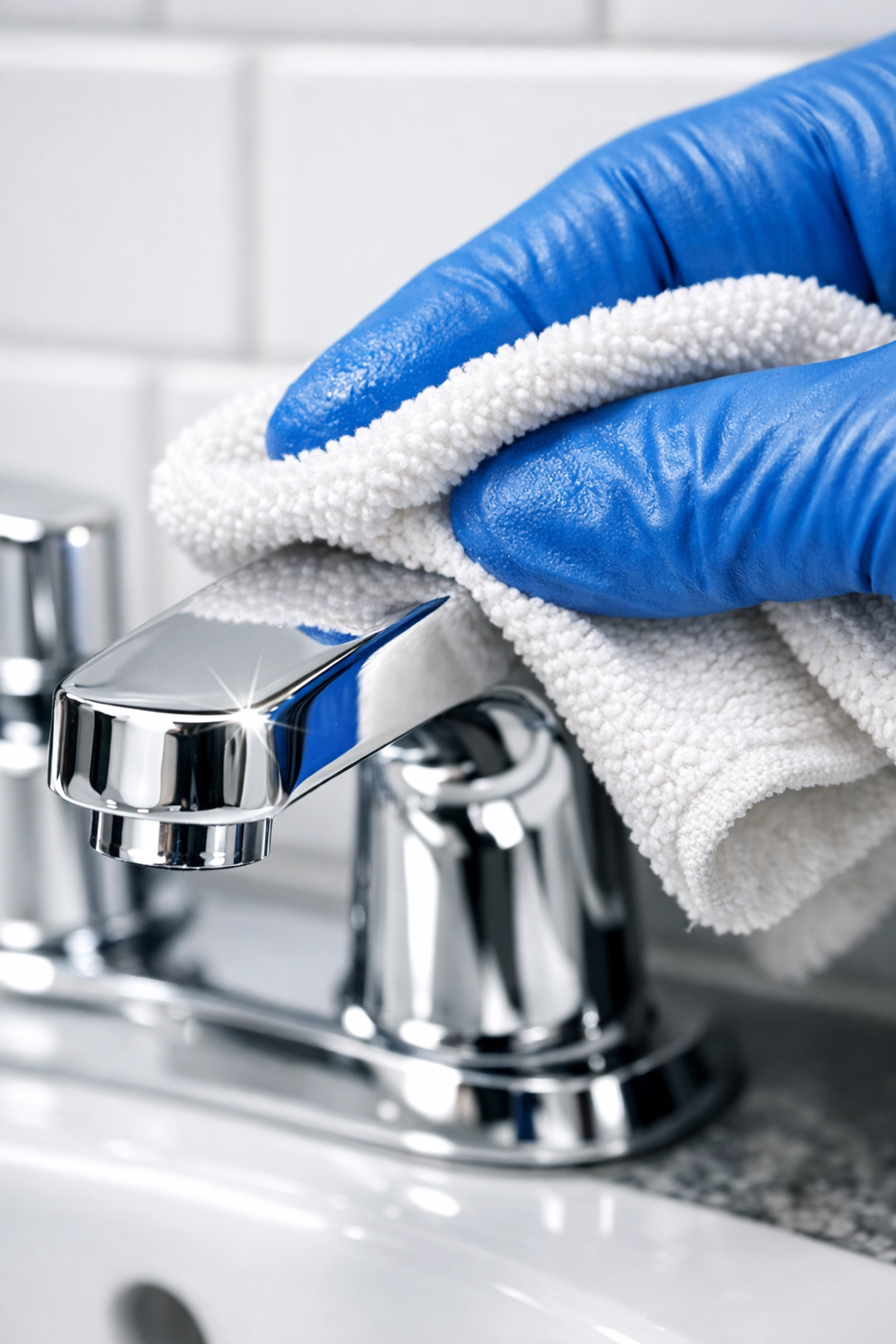 Close-up of professional cleaners in Leominster MA polishing a chrome faucet to a mirror-like shine.