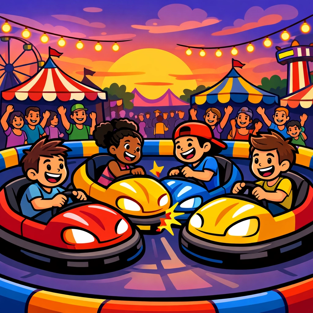 Bumper Cars Rental in Ontario: The Ultimate Guide to Mega Attractions for Your Event 3 Colorful electric bumper cars in an inflatable arena at a lively Ontario community festival.