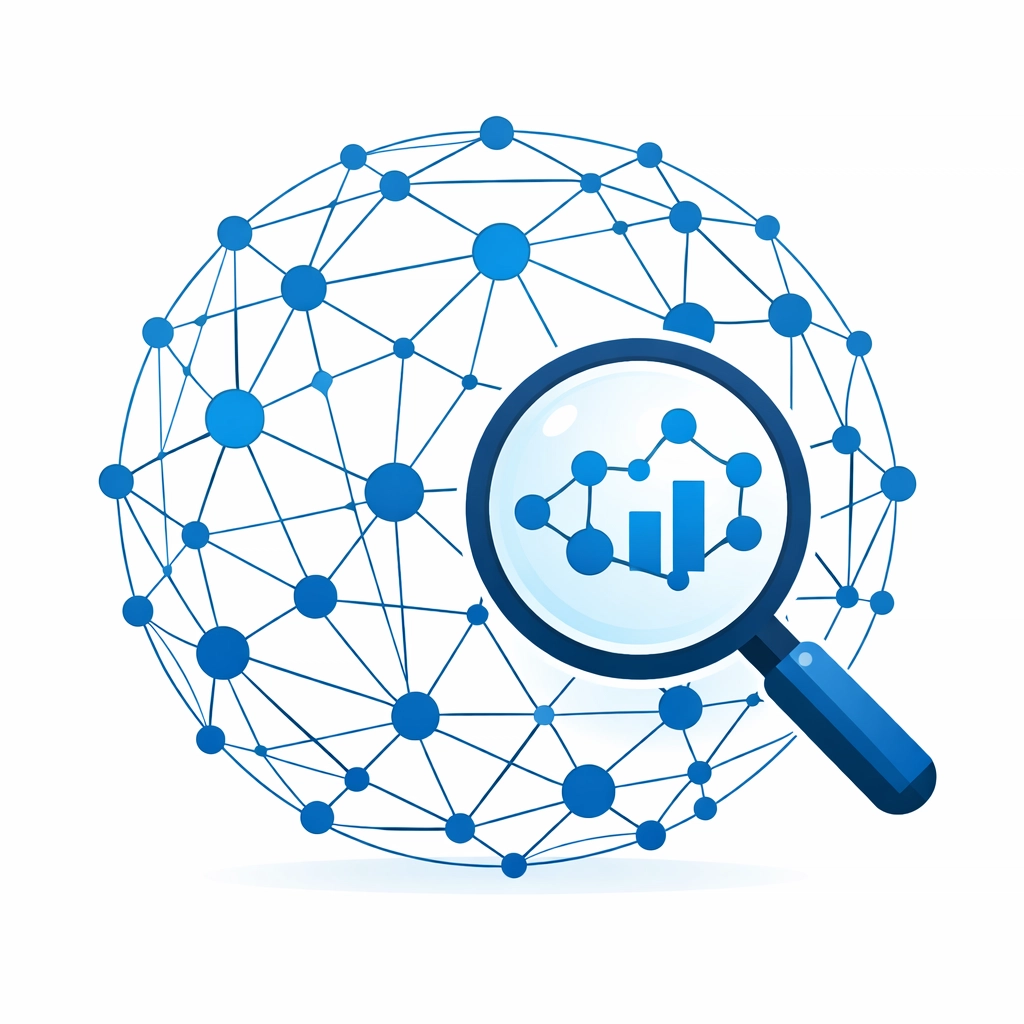 Magnifying glass inspecting global data nodes for FTC broker compliance and safety.