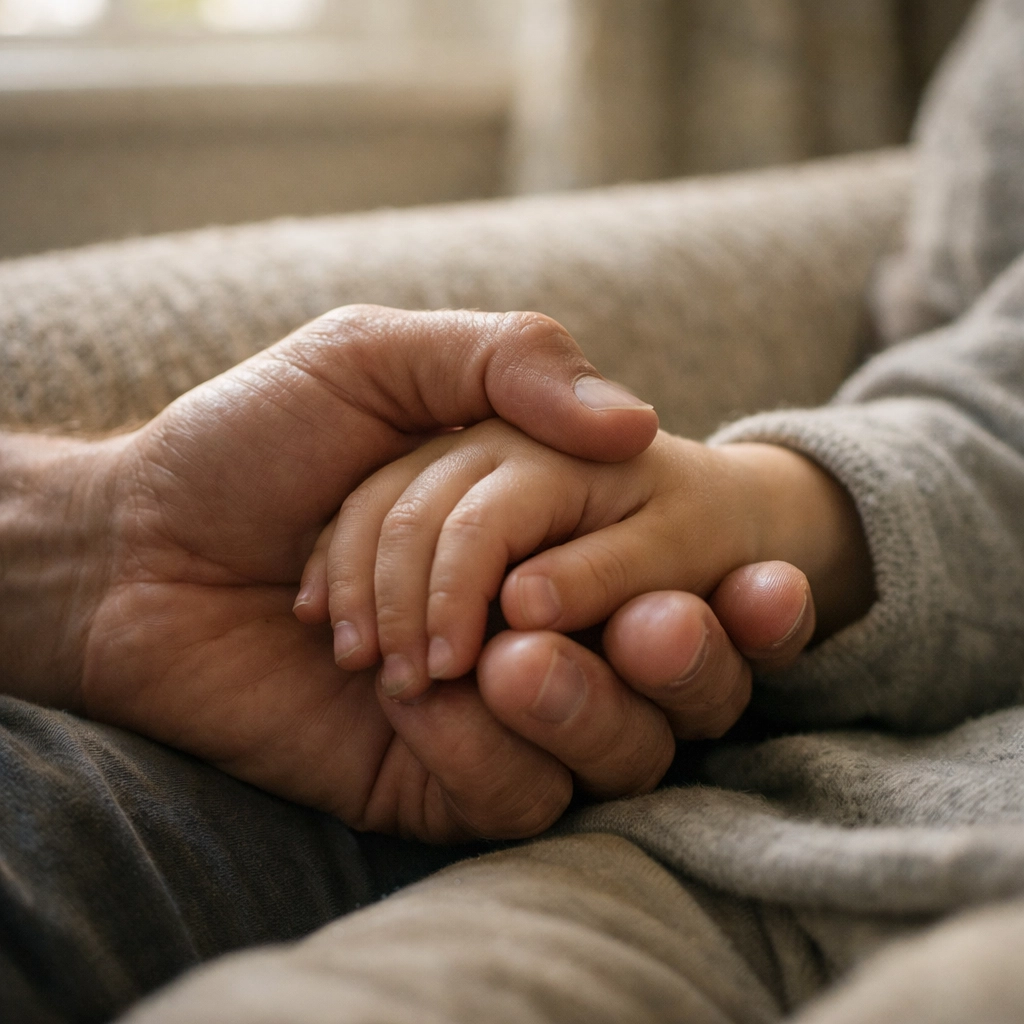 Close-up of a father holding a child's hand, symbolizing SEND support and community in Halifax.