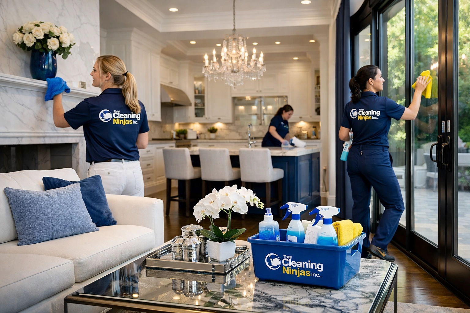 Pristine dark hardwood floors in a grand Wayland estate showcasing luxury house cleaning in Wayland standards. A high-end Wayland kitchen featuring marble countertops and professional-grade appliances, illustrating the standard of luxury house cleaning in Wayland.