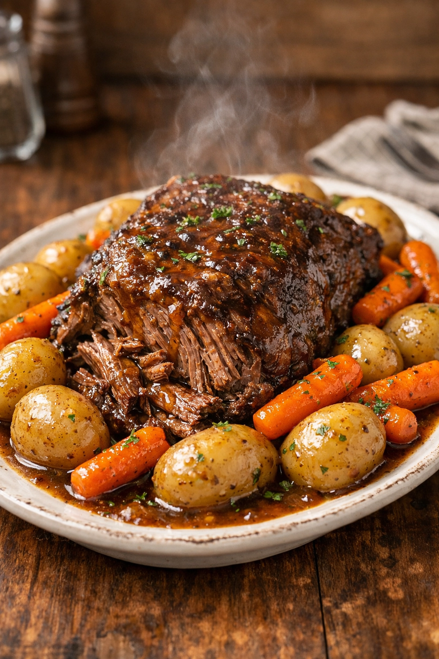 Top 10 Easy Family Meals: Simple 5-Ingredient Dinner Ideas for Busy Families Hearty slow cooker pot roast with carrots and potatoes, a simple 5-ingredient dinner idea.