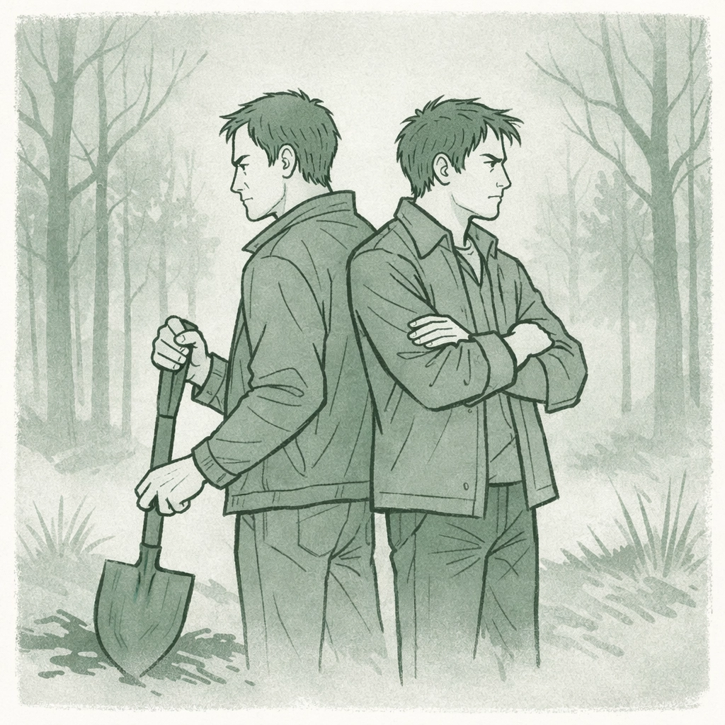 Two men back-to-back in misty forest - gay thriller suspense tension illustration