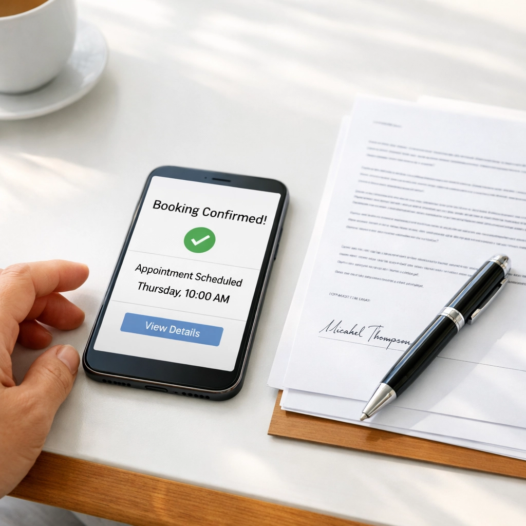 Smartphone next to signed papers showing the efficiency of booking a mobile notary near me for legal services.