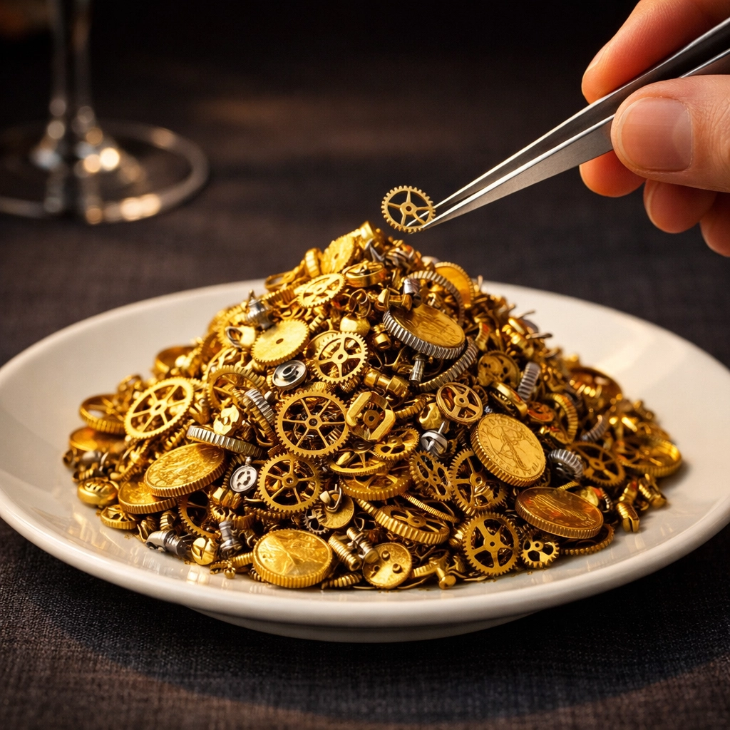Close-up of a plate with gold gears and coins, depicting the complex hidden costs of restaurant technology.