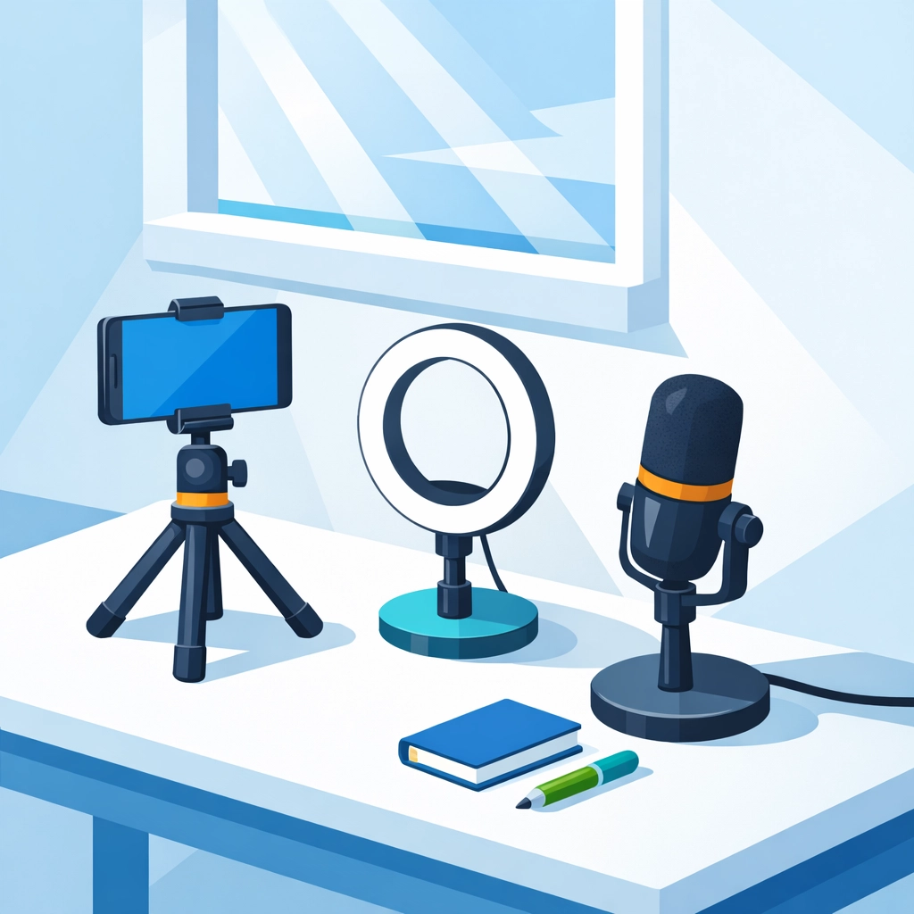 Home studio setup with smartphone, tripod and microphone for media production