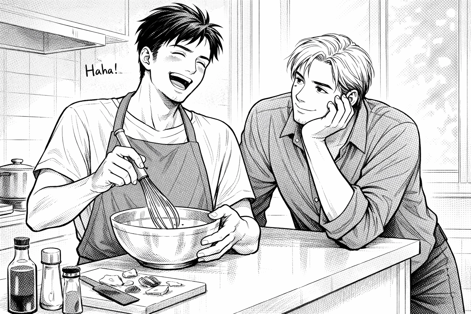 An adult gay couple cooking together in a sun-drenched kitchen, a classic scene from an MM romance manga.
