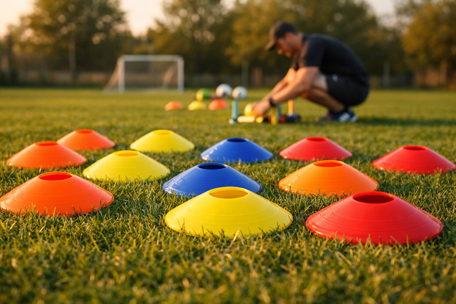 Colorful disc cones set up on grass pitch for affordable grassroots football training