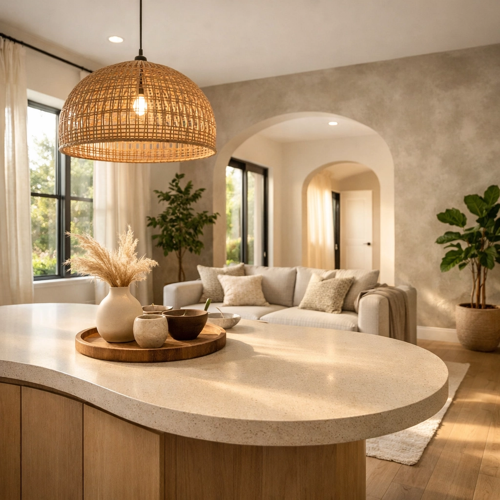Modern kitchen remodeling Orlando featuring curved island and warm neutral tones