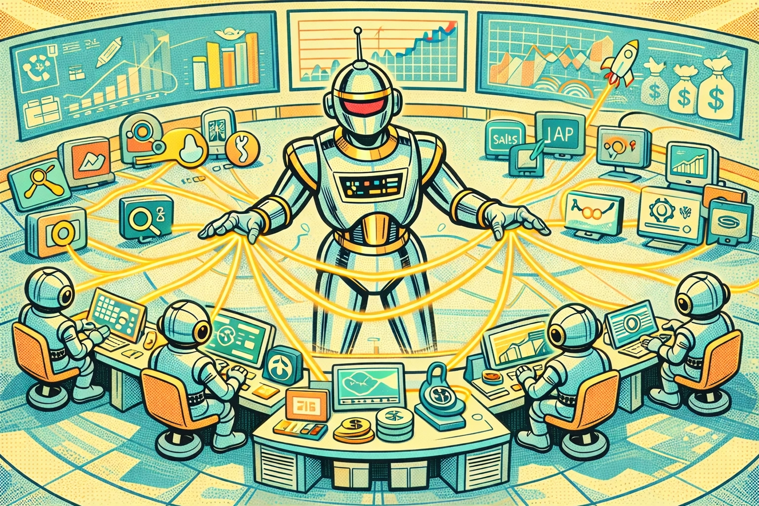 Futuristic AI orchestrator coordinating GTM agents and revenue data flows in a central RevOps hub.