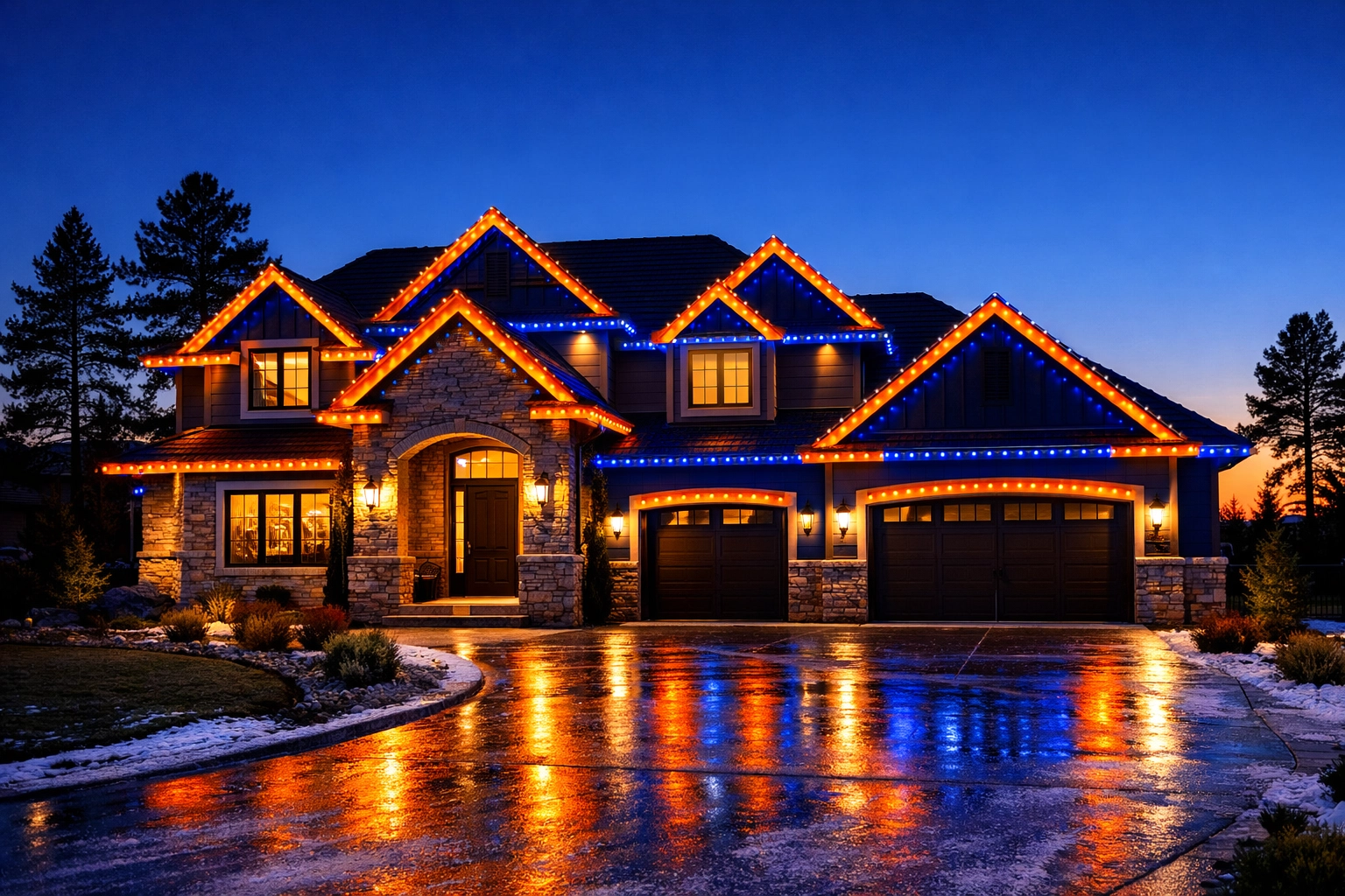 A Denver home illuminated with professional orange and blue permanent architectural lighting.