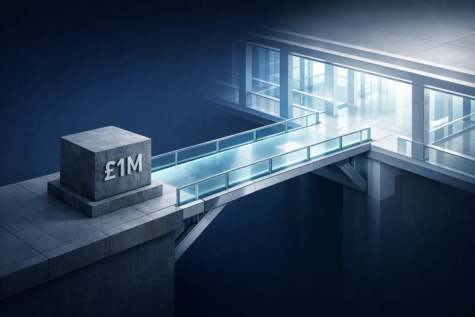 A futuristic bridge representing the journey of scaling a B2B business from £1M to £5M using AI Management strategies.