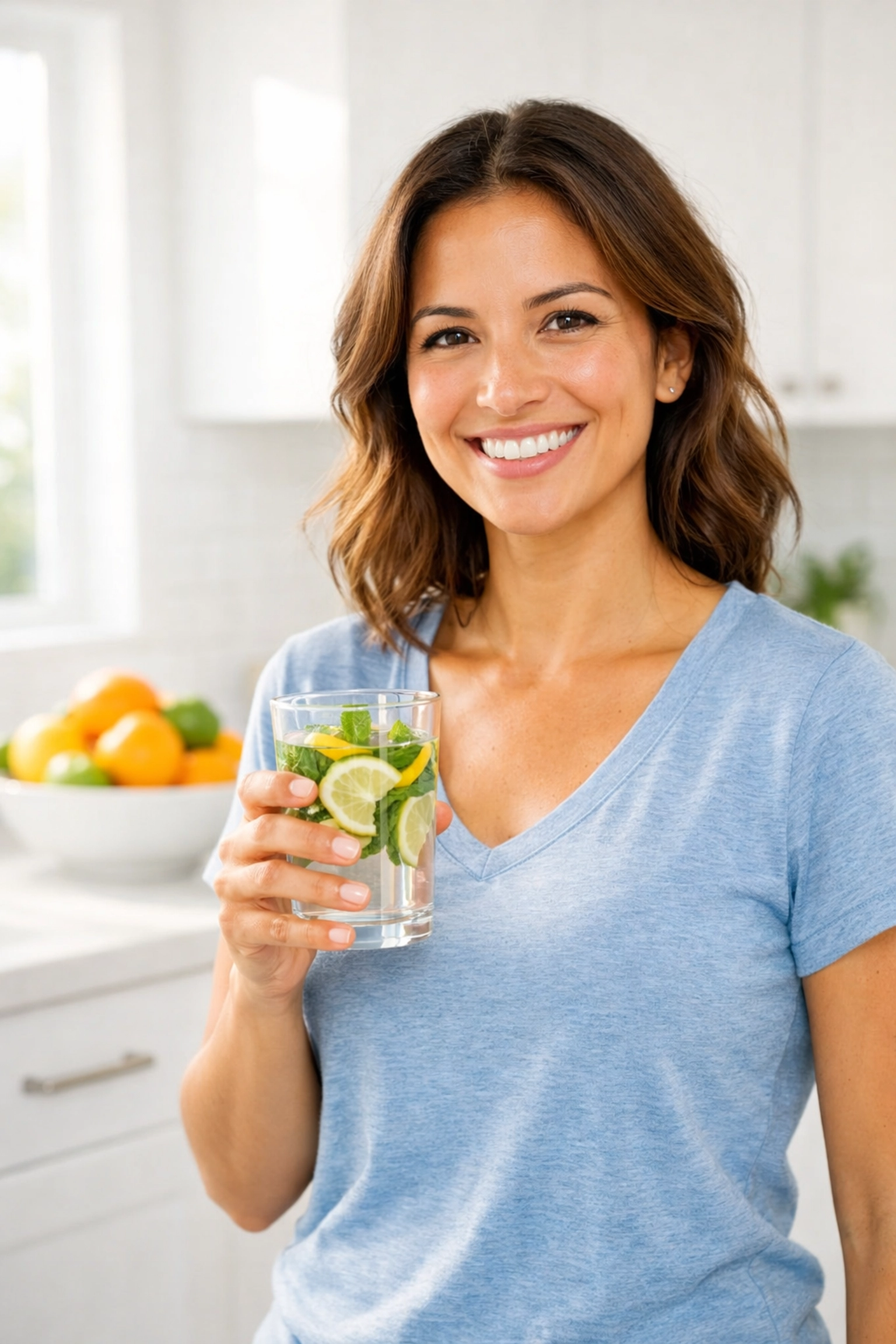 A healthy woman in a bright kitchen, representing wellness success with compounded tirzepatide treatments.
