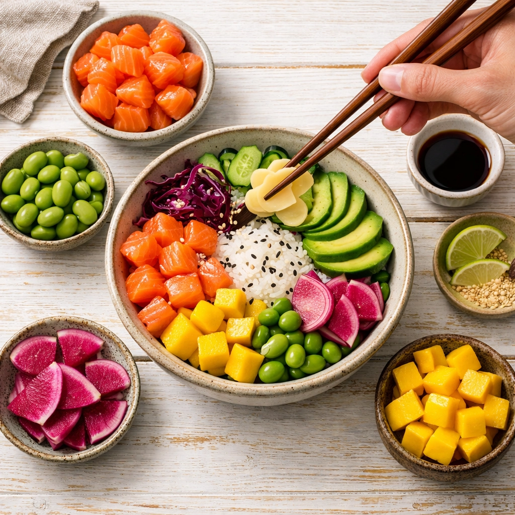 Ingrédients frais pour composer son poke bowl personnalisé : saumon, avocat et légumes colorés.