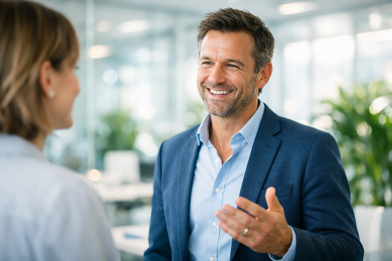 A man sharing his faith at work, showing empowerment for witnessing through the baptism in the Holy Spirit.