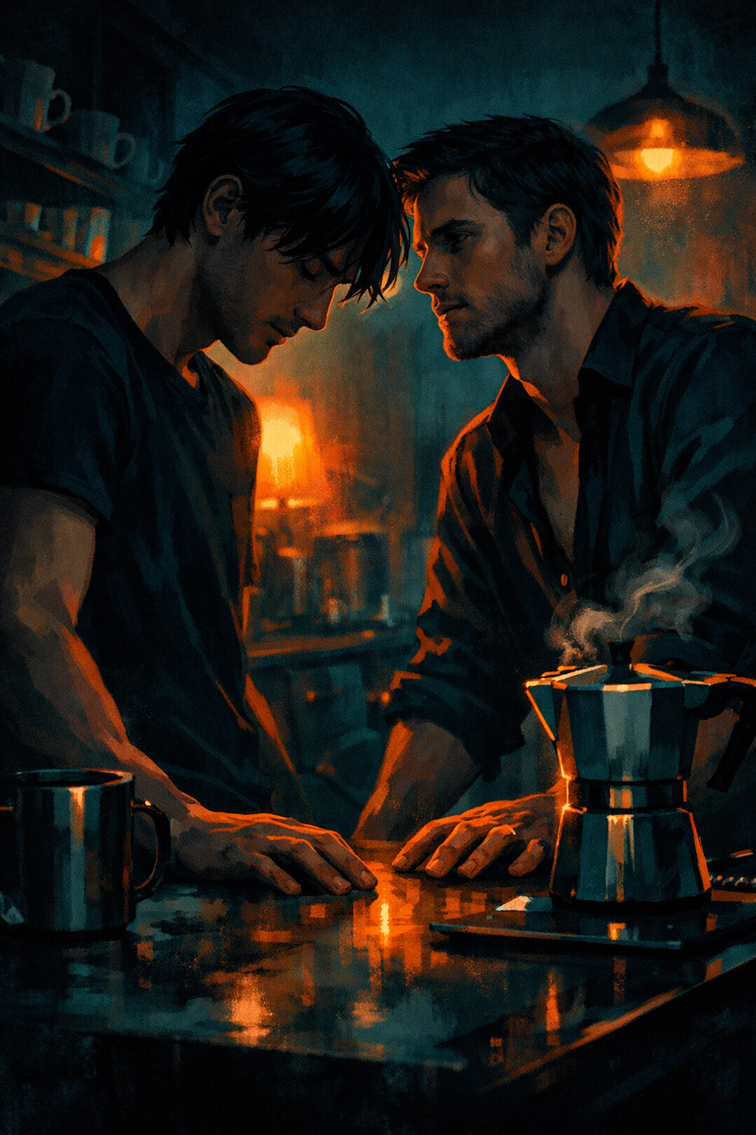 Two men in a moody kitchen sharing a moment of longing, capturing a classic slow burn MM romance trope.