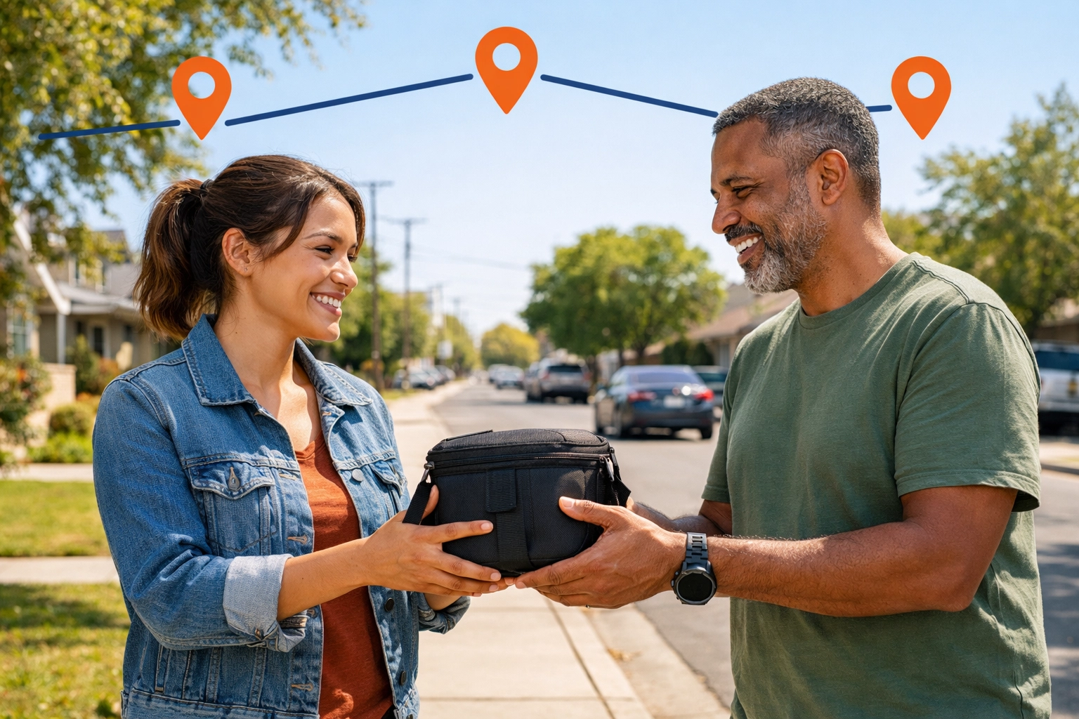 Neighbors sharing a camera lens through a peer-to-peer rental community platform.