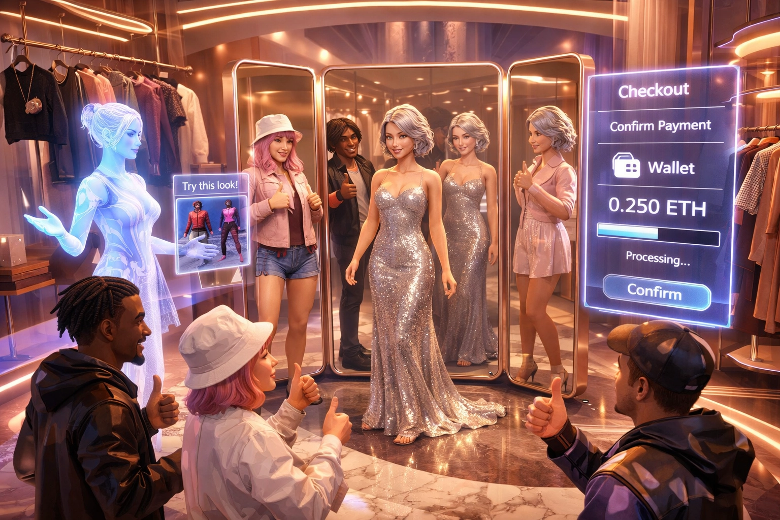 Virtual fashion boutique in metaverse with avatars trying on digital clothing and crypto wallet checkout