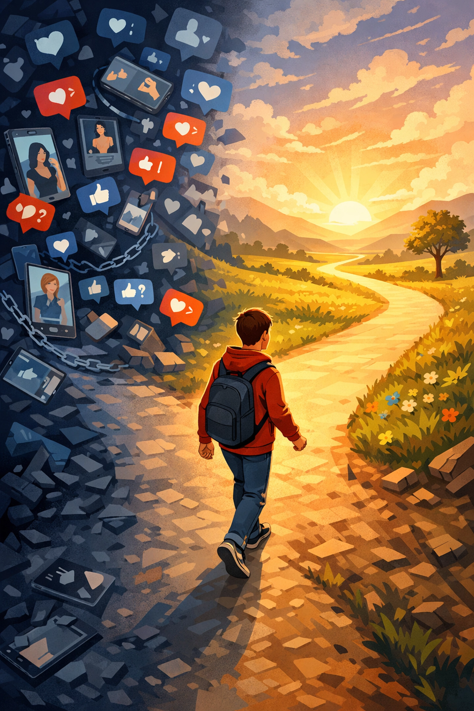 Teen choosing between chaotic social media path and peaceful faith-centered journey forward