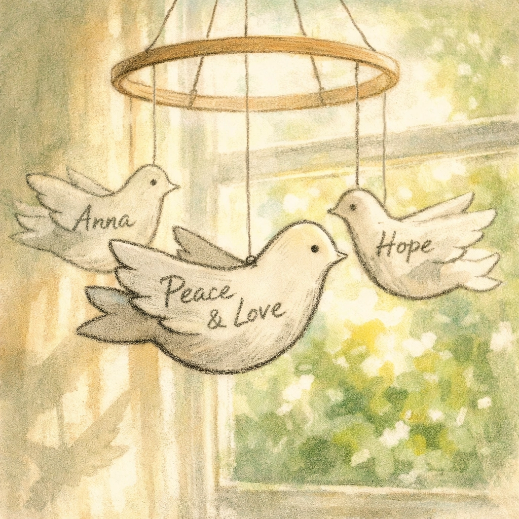 A handmade peace dove mobile hanging in a sunlit window as a family prayer craft for global peace and hope.